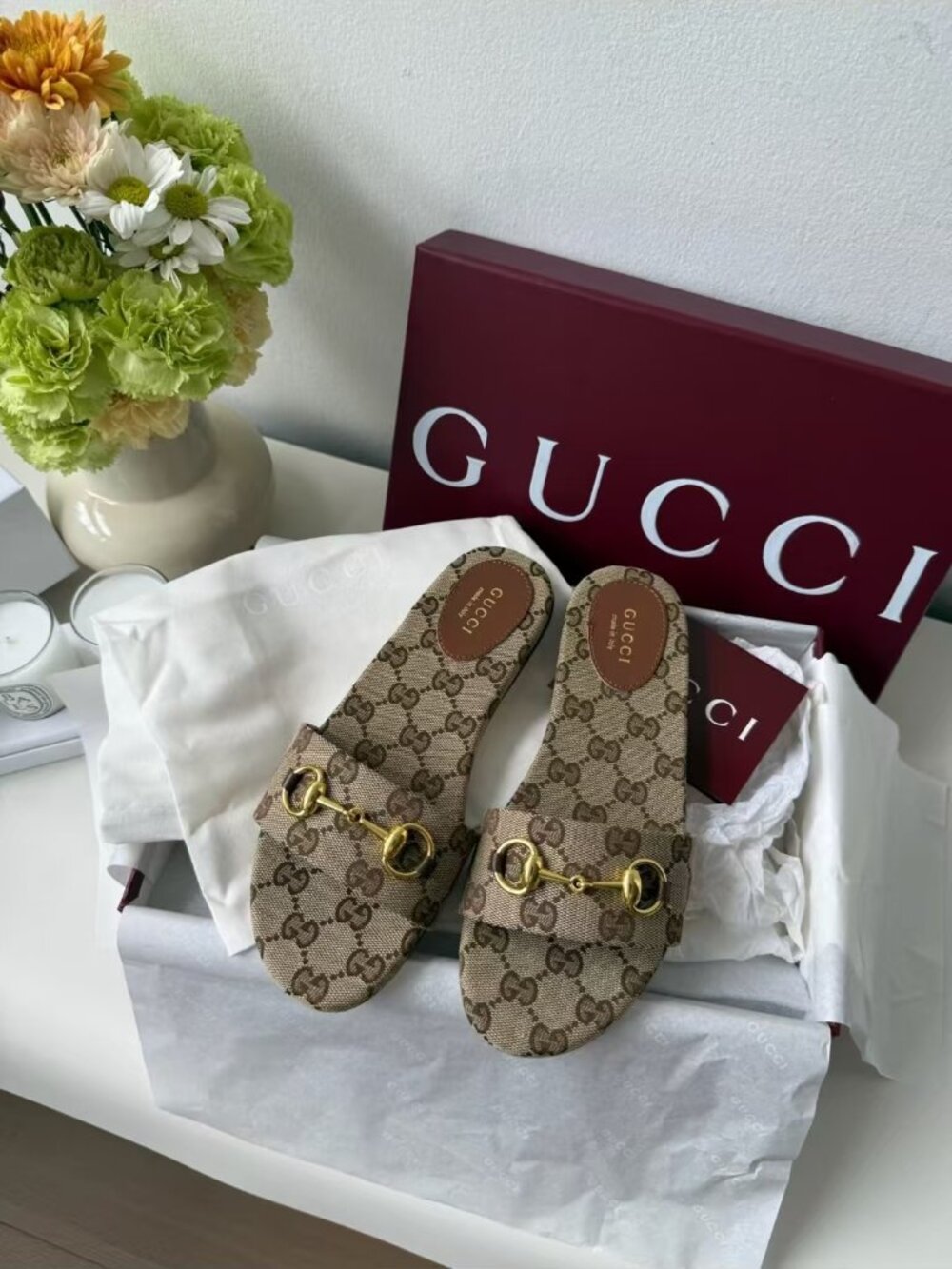 GUCCI Beige GG Supreme Canvas Gold Horsebit Single Strap Slide Sandals